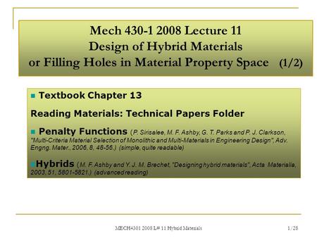 MECH4301 2008 L# 11 Hybrid Materials 1/28 Mech 430-1 2008 Lecture 11 Design of Hybrid Materials or Filling Holes in Material Property Space (1/2) Textbook.