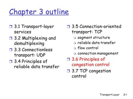 Transport Layer3-1 Chapter 3 outline r 3.1 Transport-layer services r 3.2 Multiplexing and demultiplexing r 3.3 Connectionless transport: UDP r 3.4 Principles.