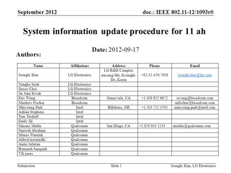 Doc.: IEEE 802.11-12/1093r0 Submission September 2012 Jeongki Kim, LG ElectronicsSlide 1 System information update procedure for 11 ah Date: 2012-09-17.