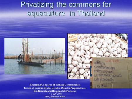 Privatizing the commons for aquaculture in Thailand Emerging Concerns of Fishing Communities: Issues of Labour, Trade, Gender, Disaster Preparedness, Biodiversity.