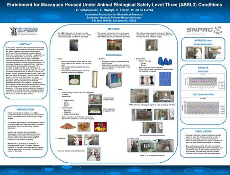 Enrichment for Macaques Housed Under Animal Biological Safety Level Three (ABSL3) Conditions G. Villanueva*, L. Rumpf, S. Perez, M. de la Garza In our.