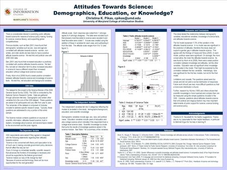 TEMPLATE DESIGN © 2007  Attitudes Towards Science: Demographics, Education, or Knowledge? Christina K. Pikas,