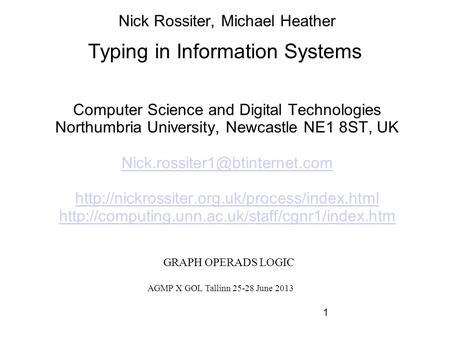 1 Typing in Information Systems Nick Rossiter, Michael Heather Computer Science and Digital Technologies Northumbria University, Newcastle NE1 8ST, UK.