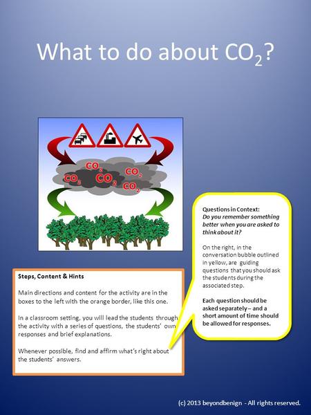 What to do about CO 2 ? Steps, Content & Hints Main directions and content for the activity are in the boxes to the left with the orange border, like this.