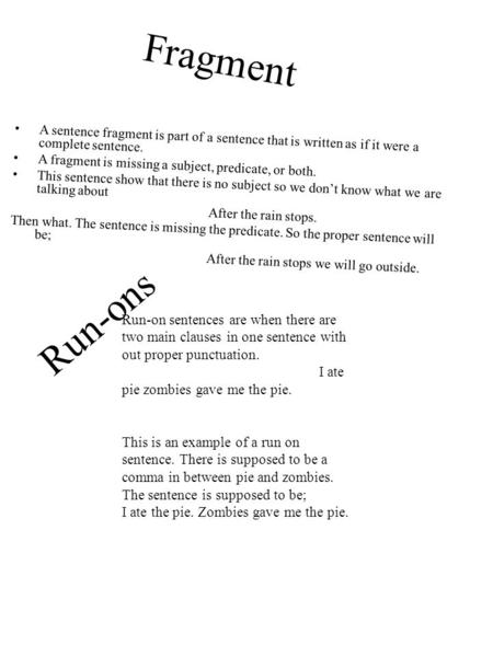 Fragment A sentence fragment is part of a sentence that is written as if it were a complete sentence. A fragment is missing a subject, predicate, or both.