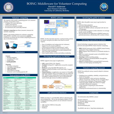 TEMPLATE DESIGN © 2008 www.PosterPresentations.com BOINC: Middleware for Volunteer Computing David P. Anderson Space Sciences Laboratory University of.