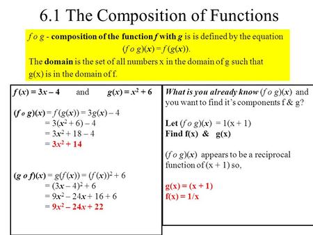 6.1 The Composition of Functions f o g - composition of the function f with g is is defined by the equation (f o g)(x) = f (g(x)). The domain is the set.