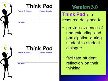 Think Pad is a resource designed to: provide evidence of understanding and participation during student-to student dialogue facilitate student reflection.