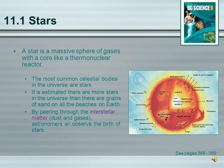 11.1 Stars A star is a massive sphere of gases with a core like a thermonuclear reactor. The most common celestial bodies in the universe are stars. It.