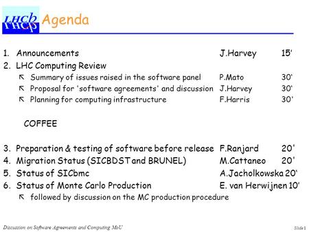 Discussion on Software Agreements and Computing MoU Slide 1 Agenda 1.AnnouncementsJ.Harvey 15’ 2.LHC Computing Review ãSummary of issues raised in the.