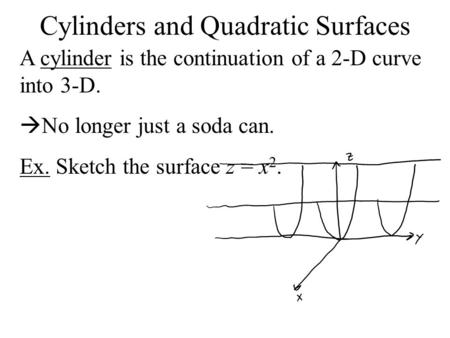 Cylinders and Quadratic Surfaces A cylinder is the continuation of a 2-D curve into 3-D.  No longer just a soda can. Ex. Sketch the surface z = x 2.