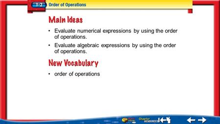 Lesson 2 MI/Vocab order of operations Evaluate numerical expressions by using the order of operations. Evaluate algebraic expressions by using the order.