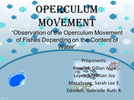 Operculum Movement “Observation of the Operculum Movement of Fishes Depending on the Content of Water” Proponents: Resullar, Gillian Mae Lopez, Christian.