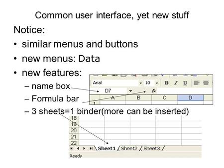 Common user interface, yet new stuff Notice: similar menus and buttons new menus: Data new features: –name box –Formula bar –3 sheets=1 binder(more can.