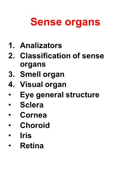 Sense organs Analizators Classification of sense organs Smell organ