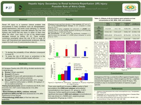 Hepatic Injury Secondary to Renal Ischemia-Reperfusion (I/R) Injury: Possible Role of Nitric Oxide Possible Role of Nitric Oxide P P 27 Abstract 1.Interaction.