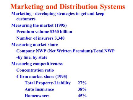 Marketing and Distribution Systems Marketing - developing strategies to get and keep customers Measuring the market (1995) Premium volume $260 billion.