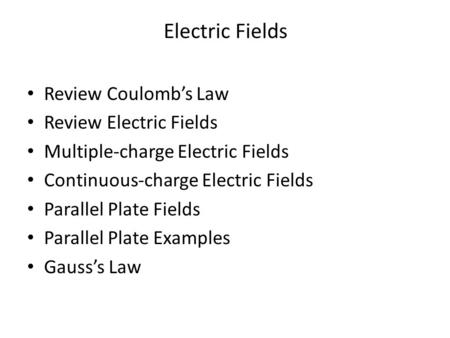 Electric Fields Review Coulomb’s Law Review Electric Fields