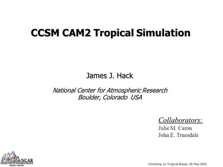 Workshop on Tropical Biases, 28 May 2003 CCSM CAM2 Tropical Simulation James J. Hack National Center for Atmospheric Research Boulder, Colorado USA Collaborators: