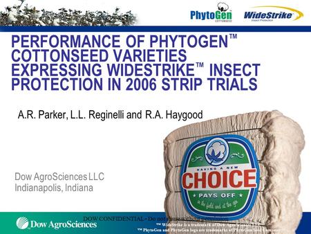 DOW CONFIDENTIAL - Do not share without permission PERFORMANCE OF PHYTOGEN ™ COTTONSEED VARIETIES EXPRESSING WIDESTRIKE ™ INSECT PROTECTION IN 2006 STRIP.