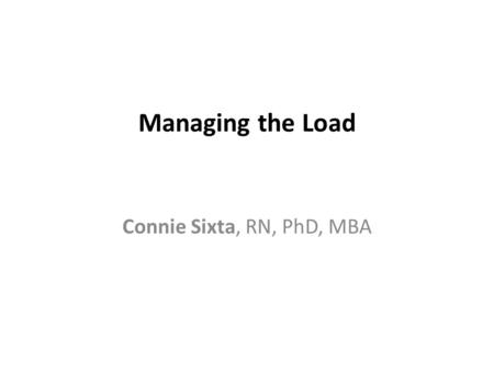 Managing the Load Connie Sixta, RN, PhD, MBA. Logistical Clinical Monitoring % of panel 