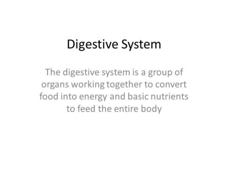 Digestive System The digestive system is a group of organs working together to convert food into energy and basic nutrients to feed the entire body.