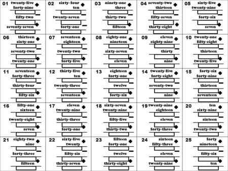 Twenty-five forty-nine fifty-two seventy-seven 01 sixty- four ten twenty-seven forty-one 02 ninety-one three thirty-two fifteen 03 seventy-two thirteen.