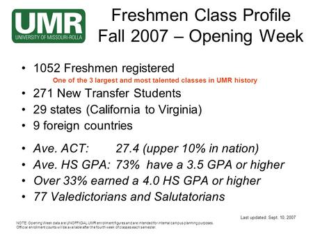 NOTE: Opening Week data are UNOFFICIAL UMR enrollment figures and are intended for internal campus planning purposes. Official enrollment counts will be.