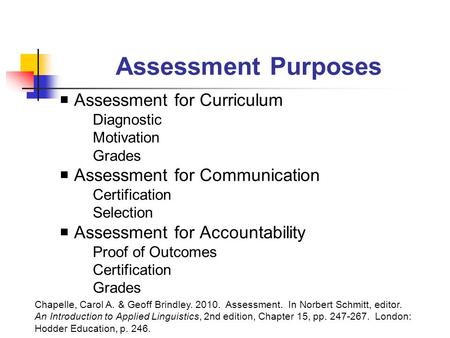 Assessment Purposes  Assessment for Curriculum Diagnostic Motivation Grades  Assessment for Communication Certification Selection  Assessment for Accountability.