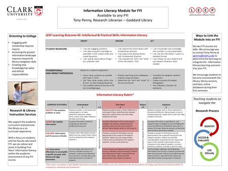 Information Literacy Module for FYI Available to any FYI Tony Penny, Research Librarian – Goddard Library Research & Library Instruction Services We support.