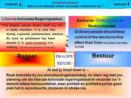 Liberale Koloniale Regeringstelsel. Identiteitlose kiesers in ‘n samelewing is in die diens van politieke partye. Switserse Demokratiese Bestuursmodel.