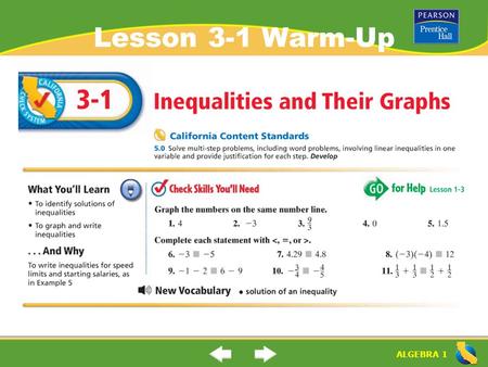 ALGEBRA 1 Lesson 3-1 Warm-Up. ALGEBRA 1 Lesson 3-1 Warm-Up.