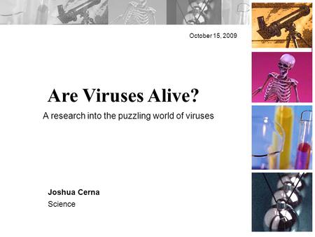 Are Viruses Alive? October 15, 2009 Joshua Cerna Science A research into the puzzling world of viruses.