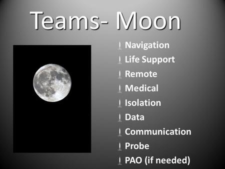 Teams- Moon  Navigation  Life Support  Remote  Medical  Isolation  Data  Communication  Probe  PAO (if needed)