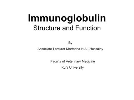 Immunoglobulin Structure and Function By Associate Lecturer Mortadha H AL-Hussainy Faculty of Veterinary Medicine Kufa University.