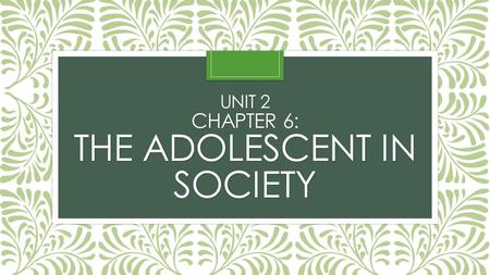 UNIT 2 CHAPTER 6: THE ADOLESCENT IN SOCIETY. SECTION 1: ADOLESCENCE IN OUR SOCIETY.