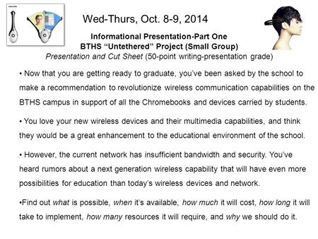 Informational Presentation-Part One BTHS “Untethered” Project (Small Group) Presentation and Cut Sheet (50-point writing-presentation grade) Now that you.