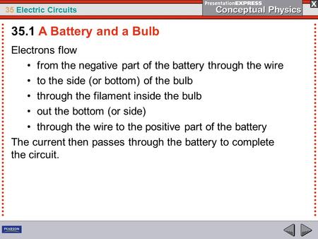 35 Electric Circuits Electrons flow from the negative part of the battery through the wire to the side (or bottom) of the bulb through the filament inside.