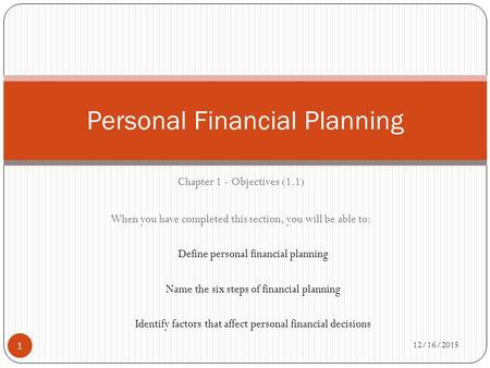 12/16/2015 1 Chapter 1 - Objectives (1.1) When you have completed this section, you will be able to: Define personal financial planning Name the six steps.