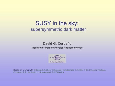 SUSY in the sky: supersymmetric dark matter David G. Cerdeño Institute for Particle Physics Phenomenology Based on works with S.Baek, K.Y.Choi, C.Hugonie,