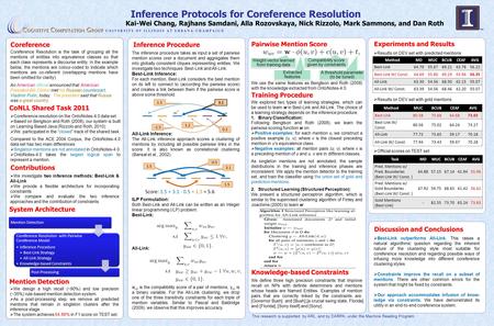 Inference Protocols for Coreference Resolution Kai-Wei Chang, Rajhans Samdani, Alla Rozovskaya, Nick Rizzolo, Mark Sammons, and Dan Roth This research.