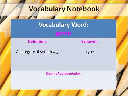 Vocabulary Word: genre Definition: A category of something Synonym: type Graphic Representation: