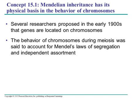 Copyright © 2005 Pearson Education, Inc. publishing as Benjamin Cummings Concept 15.1: Mendelian inheritance has its physical basis in the behavior of.