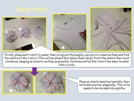 Firstly, place each t-shirt in water then wring out thoroughly. Lay out on a clean surface and find the centre of the t-shirt. (This will be almost 3cm.