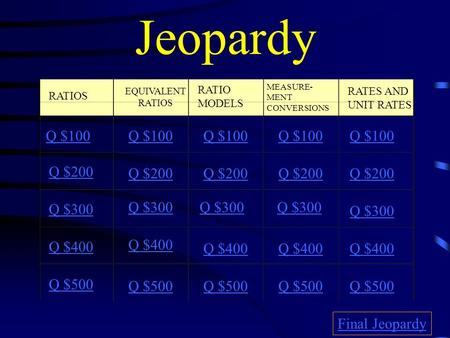 Jeopardy RATIOS EQUIVALENT RATIOS RATIO MODELS MEASURE- MENT CONVERSIONS RATES AND UNIT RATES Q $100 Q $200 Q $300 Q $400 Q $500 Q $100 Q $200 Q $300.