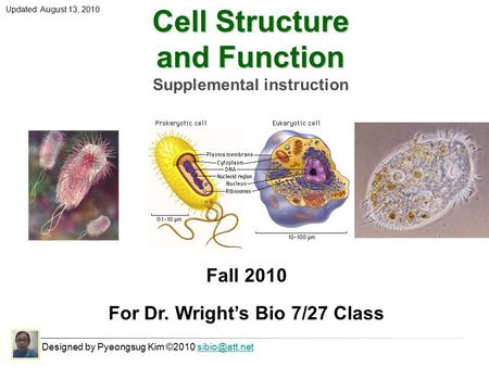 Cell Structure and Function Supplemental instruction Designed by Pyeongsug Kim ©2010 Fall 2010 For Dr. Wright’s Bio 7/27 Class.