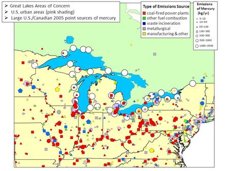  Great Lakes Areas of Concern  U.S. urban areas (pink shading)  Large U.S./Canadian 2005 point sources of mercury Type of Emissions Source coal-fired.