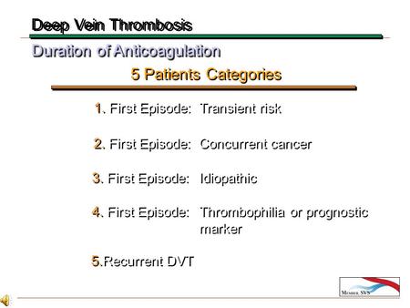 Duration of Anticoagulation 5 Patients Categories 3. First Episode: 4. First Episode: 5.Recurrent DVT 2. First Episode: 1. First Episode: Transient risk.