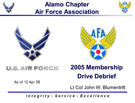 Alamo Chapter Air Force Association 2005 Membership Drive Debrief As of 12 Apr 05 I n t e g r i t y - S e r v i c e - E x c e l l e n c e Lt Col John W.