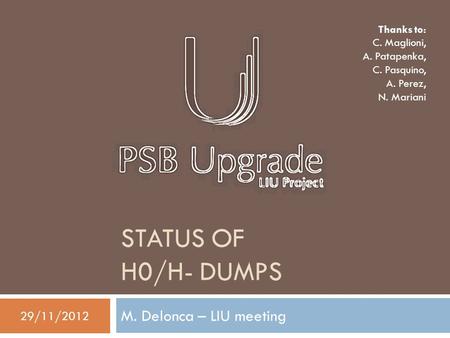 STATUS OF H0/H- DUMPS M. Delonca – LIU meeting 29/11/2012 Thanks to: C. Maglioni, A. Patapenka, C. Pasquino, A. Perez, N. Mariani.